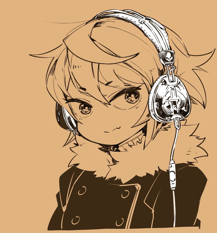 1girl androgynous character_request closed_mouth fur_trim gender_request greyscale headphones jacket looking_at_viewer monochrome mota original short_hair simple_background skullcandy solo