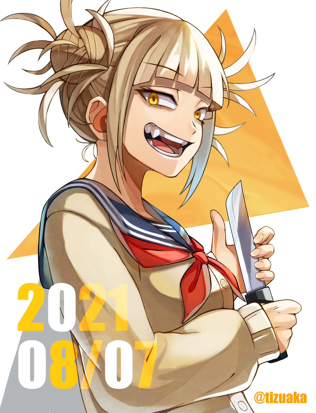 1girl bags_under_eyes bangs beige_cardigan blonde_hair blue_sailor_collar blunt_bangs boku_no_hero_academia cardigan dated double_bun eyebrows_visible_through_hair fangs from_side hair_up highres holding holding_weapon knife looking_at_viewer messy_hair narrowed_eyes neckerchief open_mouth red_neckwear sailor_collar school_uniform serafuku sidelocks simple_background slit_pupils smile solo toga_himiko tonbanlove twitter_username two-tone_background upper_body weapon yellow_eyes