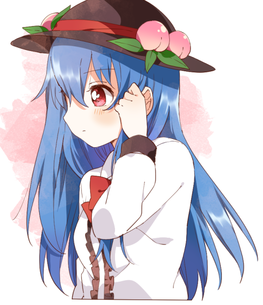 1girl black_headwear blue_hair blush center_frills closed_mouth cropped_torso eyebrows_visible_through_hair food frills fruit hair_between_eyes hat hinanawi_tenshi long_hair long_sleeves peach red_eyes sasaki_sakiko shirt solo touhou upper_body white_shirt