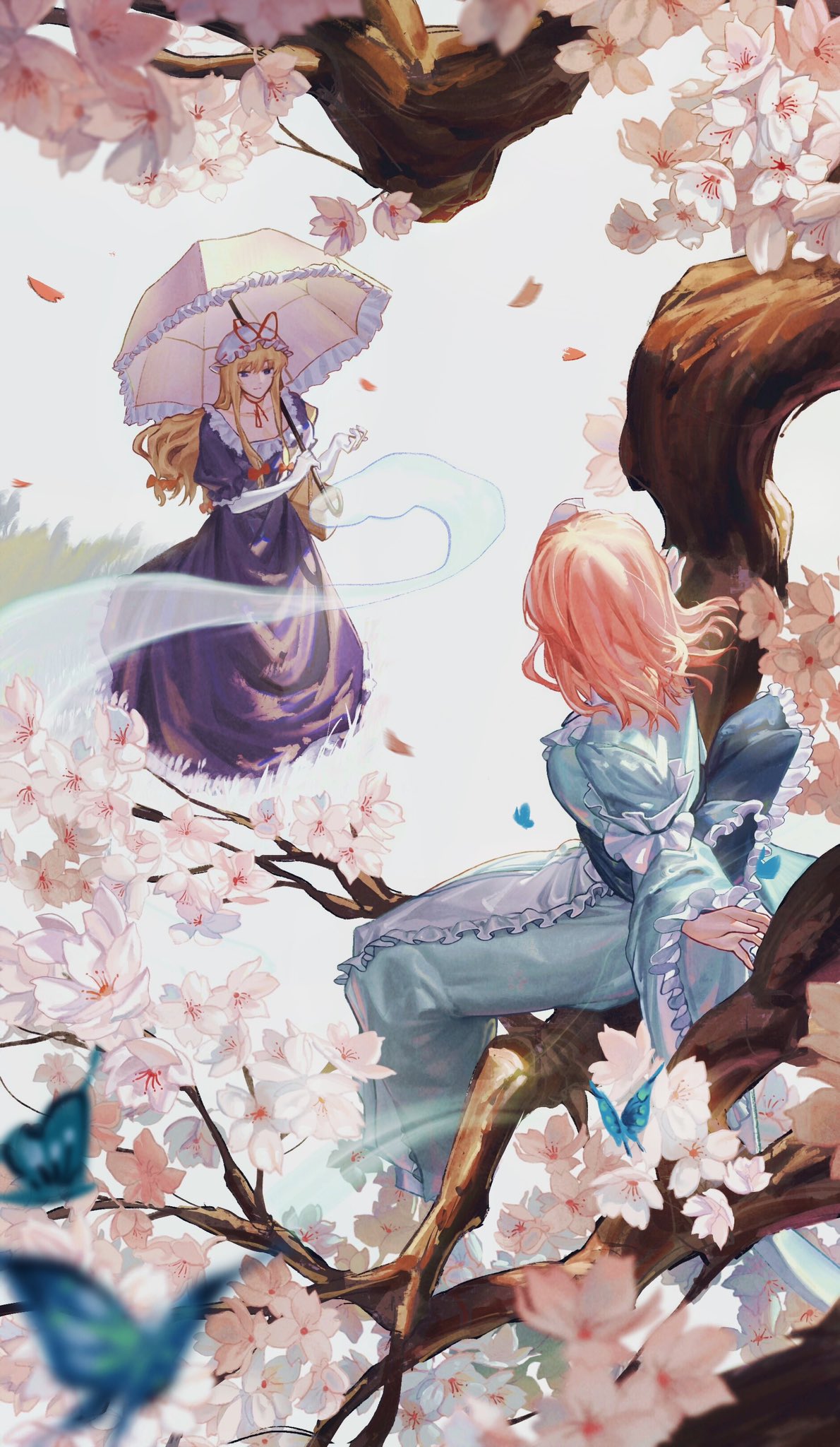 2girls arm_garter blue_kimono branch bug butterfly cherry_blossoms commentary_request dress e_(you33ou) falling_petals frilled_kimono frilled_sleeves frills hat highres hitodama holding holding_umbrella in_tree japanese_clothes kimono long_hair long_sleeves looking_up mob_cap multiple_girls no_hat no_headwear petals pink_hair purple_dress saigyouji_yuyuko sitting sitting_in_tree touhou tree umbrella wide_sleeves yakumo_yukari