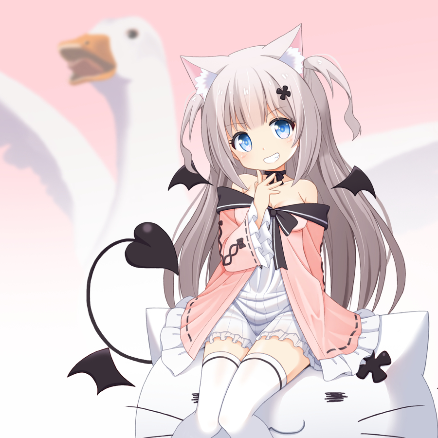 1girl animal_ear_fluff animal_ears arm_behind_back bangs bird black_bow black_choker blue_eyes blush bow bow_choker bow_dress cat_pillow character_request choker demon_tail demon_wings dress eyebrows_visible_through_hair frilled_dress frills grey_hair hair_ornament hairpin hand_up knees_together_feet_apart long_hair long_sleeves looking_at_viewer mogura2009 multicolored_clothes multicolored_dress off_shoulder original pink_dress sitting smile solo swan tail teeth thigh-highs two_side_up very_long_hair virtual_youtuber white_dress white_legwear wide_sleeves wings zettai_ryouiki