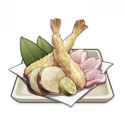 artist_request commentary english_commentary food food_focus fruit genshin_impact leaf lemon lemon_slice lowres muted_color napkin no_humans official_art petals plate still_life tempura third-party_source transparent_background