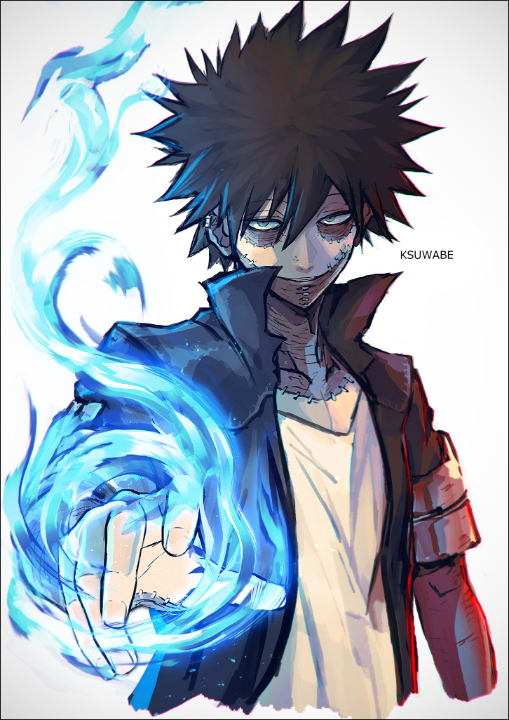1boy artist_name black_hair blue_fire boku_no_hero_academia burn_scar dabi_(boku_no_hero_academia) fire flame k-suwabe looking_at_viewer messy_hair piercing scar smile solo spiky_hair standing staple stapled stitches white_background