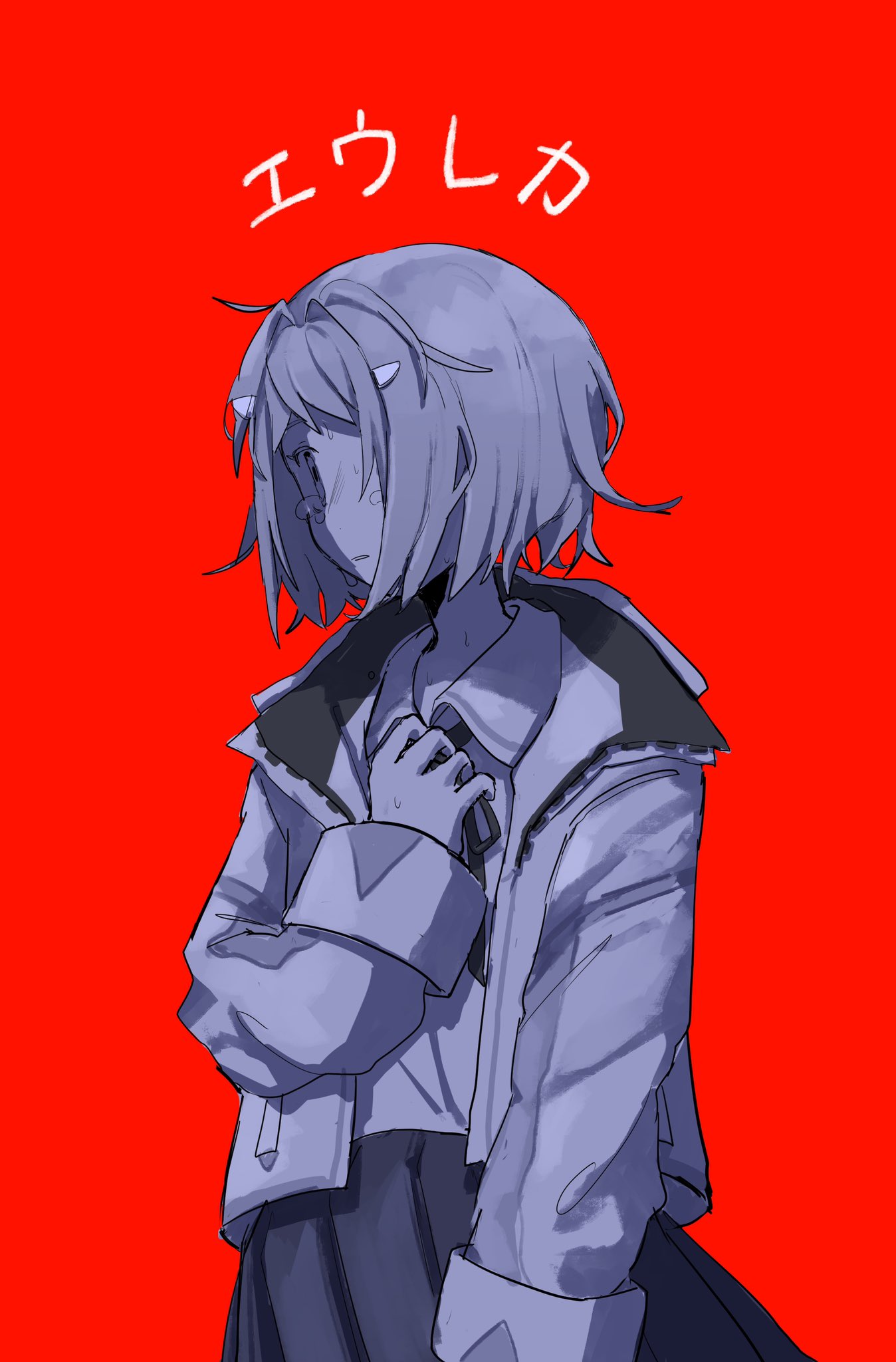 1girl amano_roku crying date+links! greyscale hand_on_own_chest highres hood hoodie jacket long_sleeves looking_to_the_side monochrome pale_skin q_sstk red_background tearing_up tears virtual_youtuber