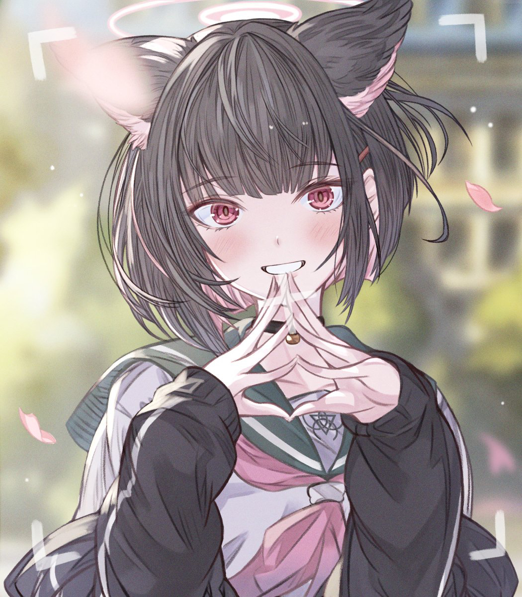 1girl animal_ears arutoria_(187497382) black_choker black_hair black_jacket blue_archive blurry blurry_background blush cat_ears choker colored_inner_hair extra_ears falling_petals halo highres jacket kazusa_(blue_archive) looking_at_viewer multicolored_hair neckerchief outdoors own_hands_together petals pink_eyes pink_hair pink_neckerchief school_uniform serafuku smile solo two-tone_hair upper_body viewfinder