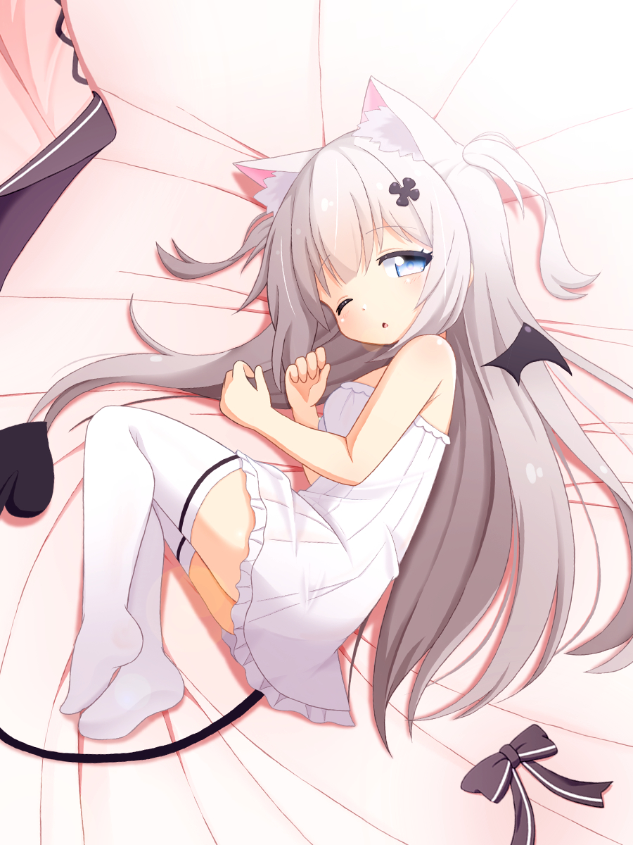 1girl :o animal_ear_fluff animal_ears bangs black_bow blue_eyes blush bow bow_removed character_request demon_tail demon_wings dress eyebrows_visible_through_hair fetal_position full_body grey_hair hair_ornament hairpin highres long_hair looking_at_viewer lying mogura2009 no_shoes off_shoulder on_side one_eye_closed original short_dress sleepy sleeveless solo tail thigh-highs two_side_up very_long_hair virtual_youtuber white_dress white_legwear wings zettai_ryouiki