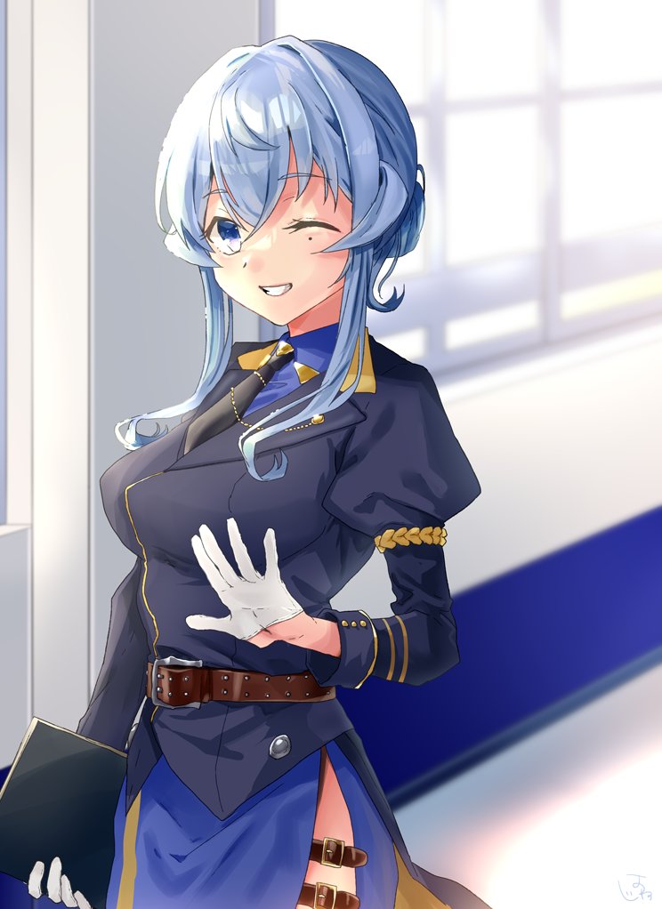 1girl bangs belt black_necktie blue_eyes blue_hair breasts commentary_request eyebrows_visible_through_hair gloves gotland_(kancolle) gotland_andra_(kancolle) grin hair_between_eyes hair_bun half_gloves jacket kantai_collection large_breasts military military_uniform mole mole_under_eye necktie one_eye_closed oriharaizaya819 remodel_(kantai_collection) sidelocks signature skirt smile solo uniform white_gloves window