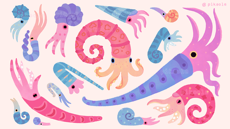 animal animal_focus artist_name blue_eyes cephalopod horizontal_pupils no_humans original pikaole pink_eyes shell simple_background spots tentacles too_many watermark yellow_eyes