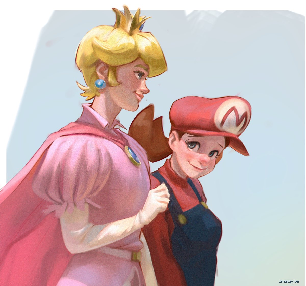 1boy 1girl blonde_hair blue_overalls brown_hair crown earrings emmanuel_edeko genderswap genderswap_(ftm) genderswap_(mtf) gloves hat jewelry mario overalls princess_peach red_headwear short_twintails simple_background super_mario_bros. super_mario_bros. twintails white_gloves