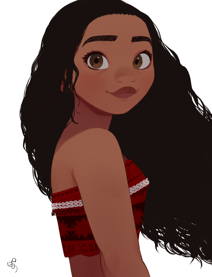 1girl arms_at_sides bare_arms bare_shoulders black_hair brown_eyes closed_mouth crop_top curly_hair dark-skinned_female dark_skin eyelashes flat_color floating_hair happy light_blush light_smile long_hair looking_at_viewer looking_to_the_side midriff_peek moana_(movie) moana_waialiki pano_(mohayayamai) signature simple_background solo thick_eyebrows thick_lips white_background