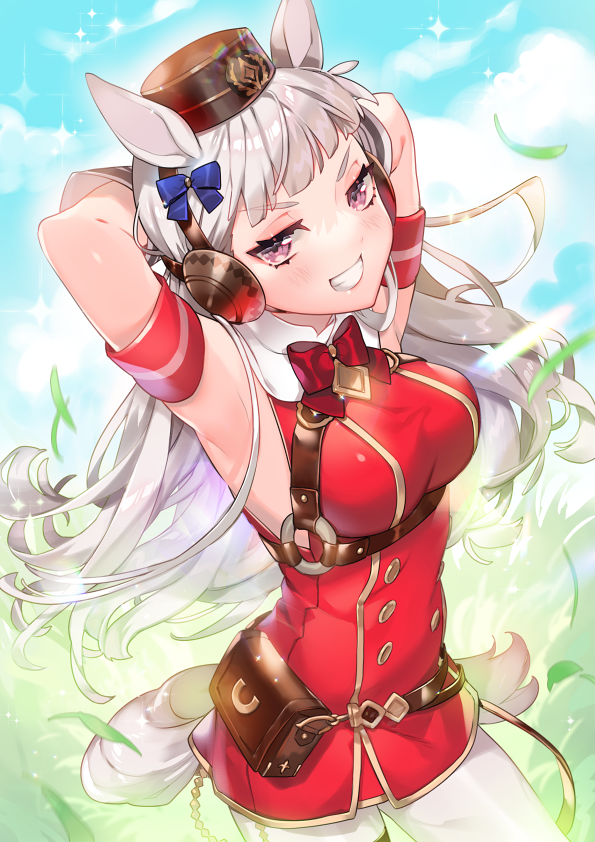 1girl animal_ears arms_up bangs blue_bow bow breasts bridle clouds day gloves gold_ship_(umamusume) grin hair_bow hat horse_ears horse_girl horse_tail long_hair looking_at_viewer medium_hair outdoors pillbox_hat red_bow sa9no silver_hair sky sleeveless smile smug solo sparkle tail umamusume