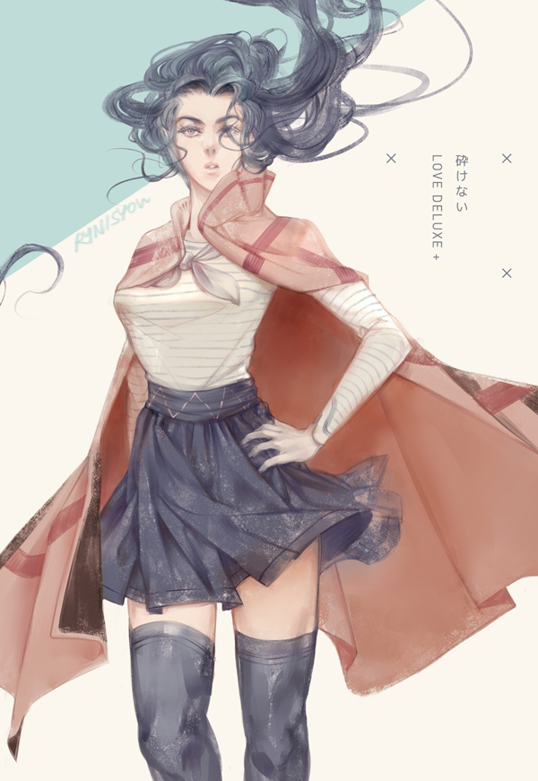 1girl alternate_costume artist_name black_hair cape commentary_request diamond_wa_kudakenai grey_eyes hair_over_one_eye hand_on_hip jojo_no_kimyou_na_bouken photoshop_(medium) pleated_skirt rynisyou signature skirt solo thigh-highs yamagishi_yukako zettai_ryouiki