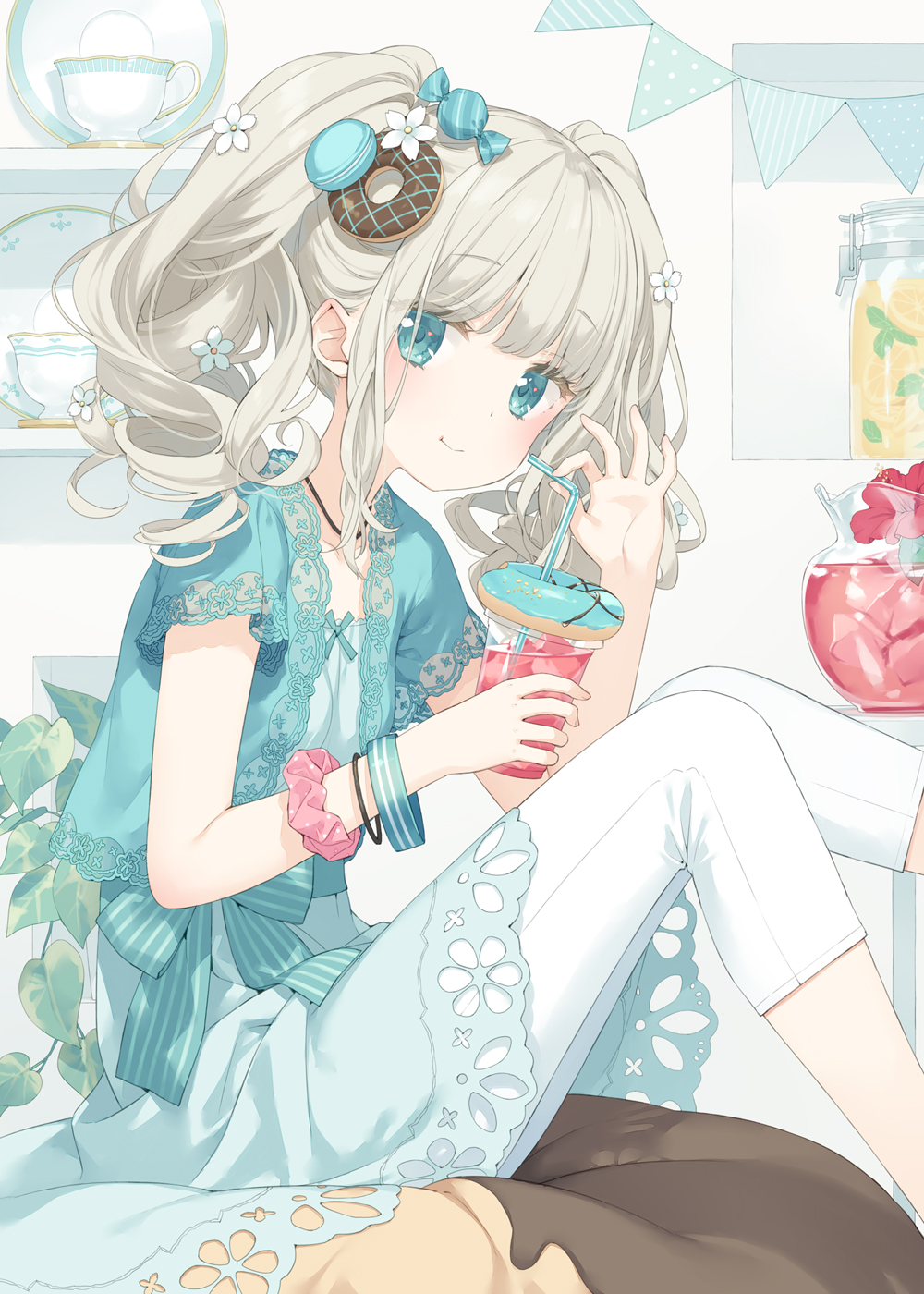 1girl bendy_straw blue_dress blue_eyes blue_jacket candy_hair_ornament candy_wrapper closed_mouth commentary_request cup disposable_cup doughnut dress drink drinking_straw flower food food-themed_hair_ornament grey_hair hair_flower hair_ornament highres holding holding_cup ice ice_cube jacket kani_biimu knees_up long_hair looking_at_viewer macaron open_clothes open_jacket original pants pennant pink_scrunchie polka_dot polka_dot_scrunchie red_flower saucer scrunchie short_sleeves sitting smile solo string string_of_fate twintails white_flower white_legwear wrist_scrunchie