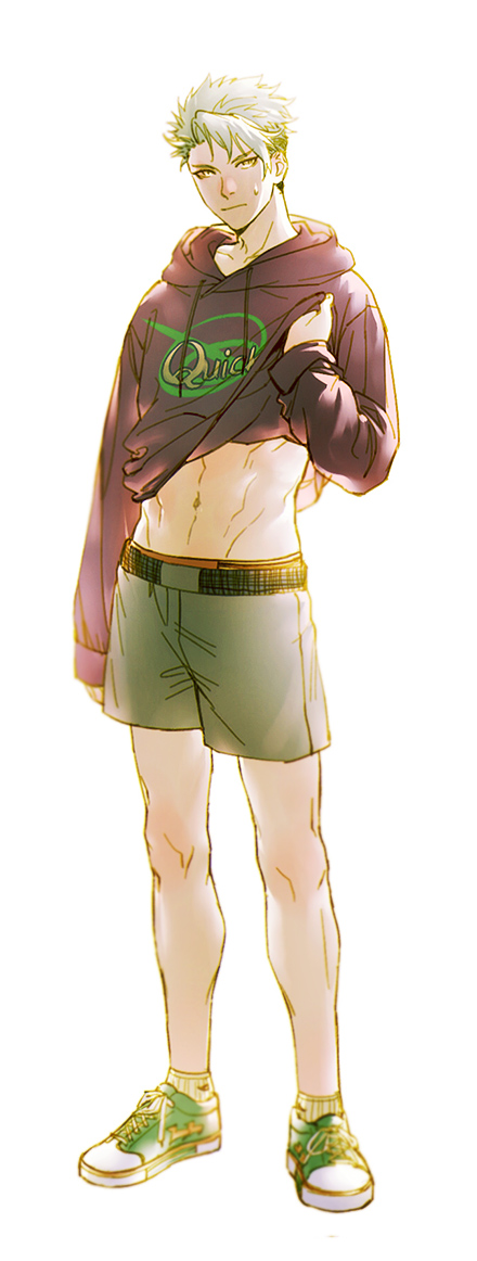 1boy abs achilles_(fate) casual changye fate/apocrypha fate/grand_order fate_(series) green_hair green_pants groin hood hooded_sweater hoodie male_focus male_swimwear midriff pants pullover shirt shoes shorts sneakers solo sweatdrop sweater swim_trunks yellow_eyes
