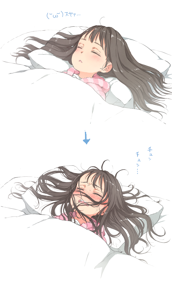 1girl bed black_hair blush closed_eyes commentary gomennasai highres long_hair lying messy_hair on_back original pillow sleeping translated truth under_covers