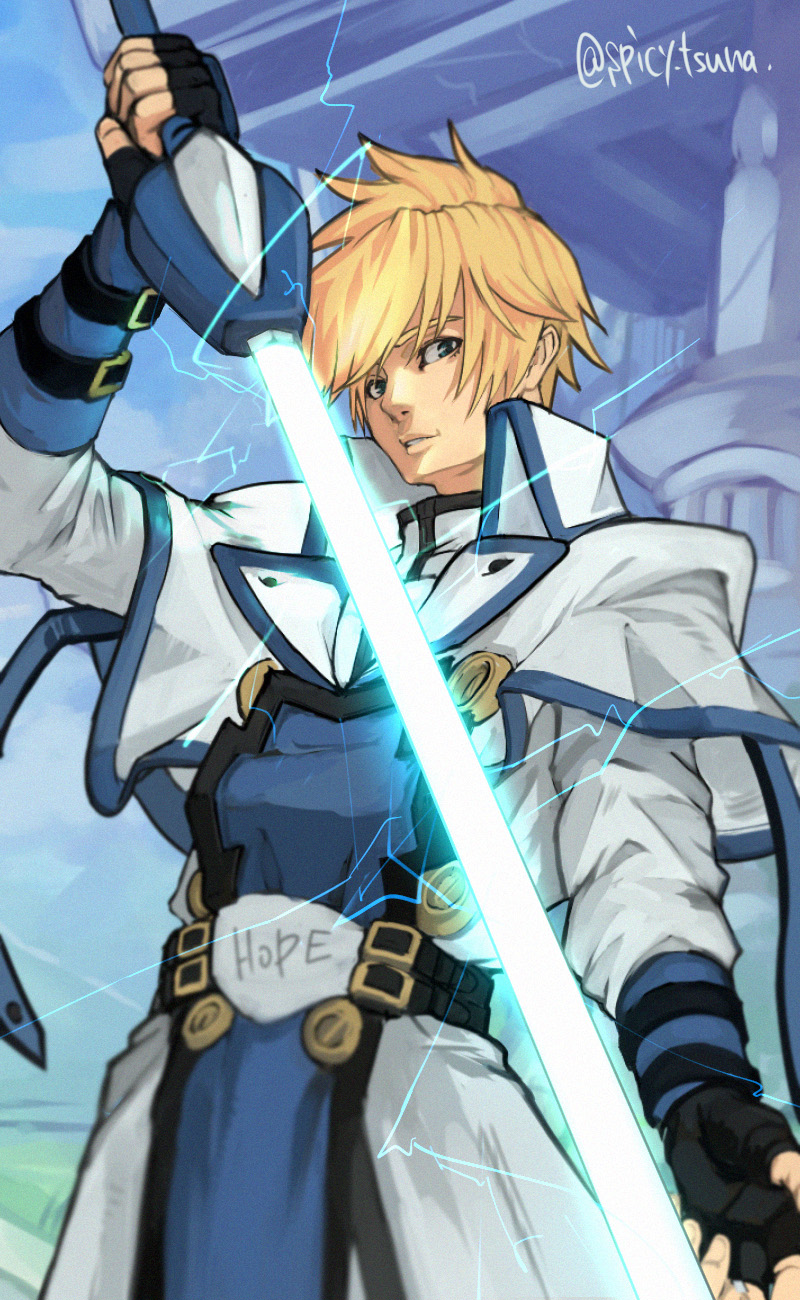 1boy belt blonde_hair blue_eyes english_text fingerless_gloves gloves grey_background guilty_gear guilty_gear_xrd hair_between_eyes highres holding holding_sword holding_weapon ky_kiske lightning long_sword looking_at_viewer magnolia_eclair_ii male_focus ponytail shadow shoes simple_background solo sword tsuna_(akmu8832) weapon