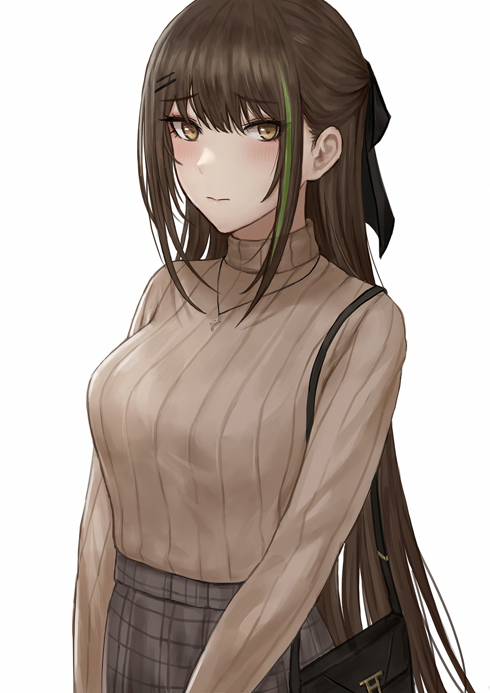1girl bag bangs blush breasts brown_eyes brown_hair brown_sweater closed_mouth eyebrows_visible_through_hair girls_frontline green_hair hair_ornament hairclip handbag highres jewelry large_breasts long_hair long_sleeves looking_at_viewer m4a1_(girls'_frontline) multicolored_hair necklace selcky simple_background solo streaked_hair sweater