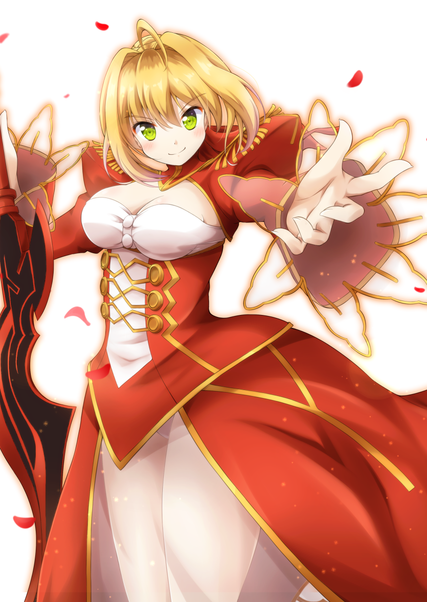 1girl aestus_estus ahoge blonde_hair blurry braid breasts cleavage commentary_request corset dress epaulettes fate/extra fate/grand_order fate_(series) flower french_braid gg_xx_059 green_eyes hair_flower hair_intakes hair_ornament hair_ribbon highres juliet_sleeves large_breasts long_sleeves looking_at_viewer nero_claudius_(fate) nero_claudius_(fate)_(all) ocean petals puffy_sleeves red_dress red_ribbon ribbon saber_extra see-through short_hair smile solo wide_sleeves