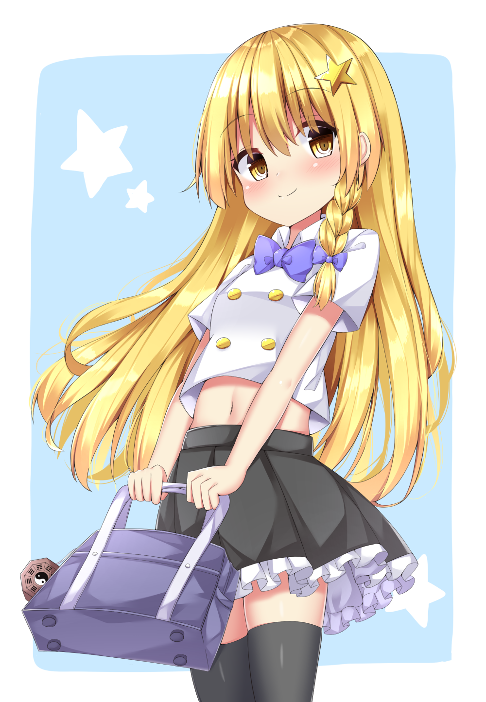 1girl adapted_costume bag bangs black_legwear black_skirt blonde_hair blue_bag blue_bow blue_bowtie blush bow bowtie braid breasts buttons closed_mouth eyebrows_visible_through_hair frilled_skirt frills hair_bow hair_ornament happy highres holding holding_bag kirisame_marisa kuraaken long_hair midriff mini-hakkero miniskirt navel shirt short_sleeves side_braid single_braid skirt small_breasts star_(symbol) star_hair_ornament stomach thigh-highs touhou very_long_hair white_shirt zettai_ryouiki