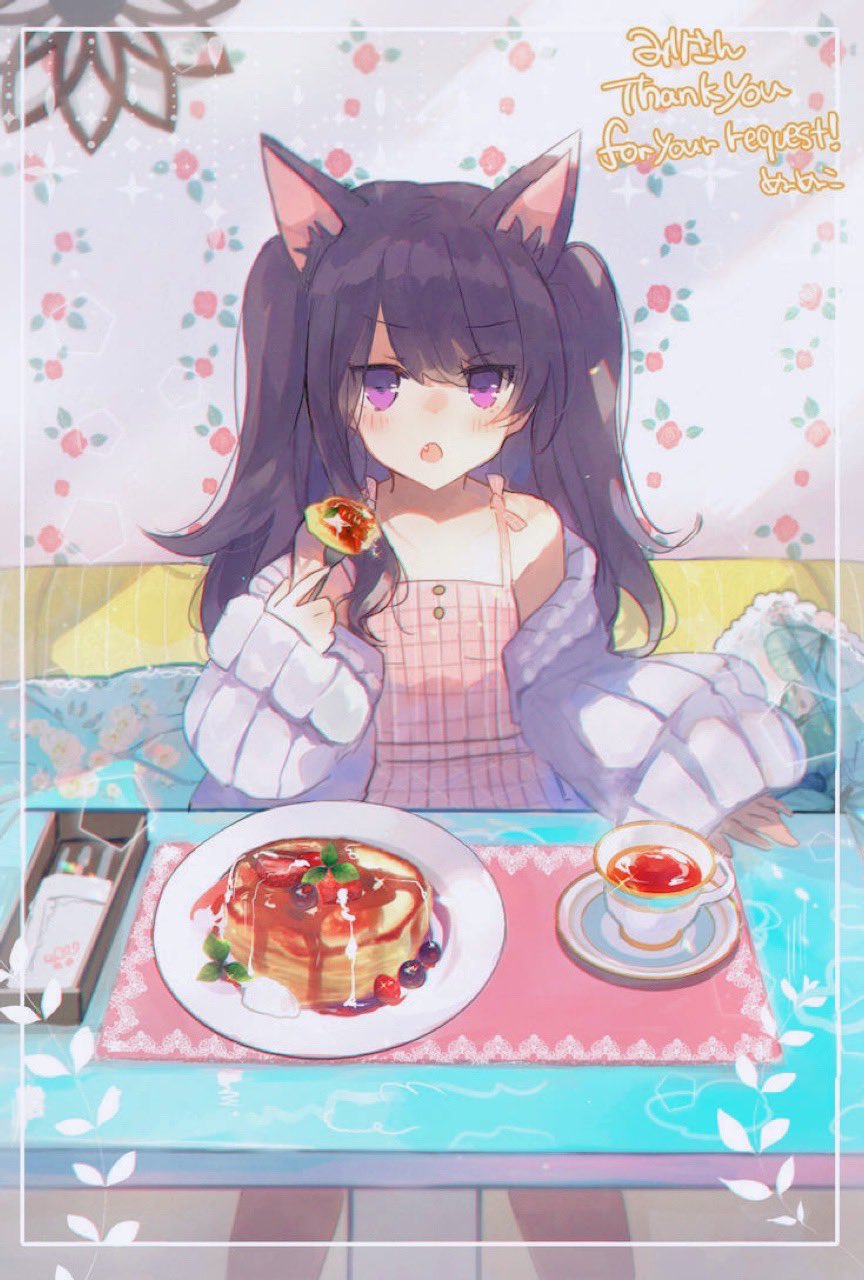 1girl :o animal_ears bangs banned_artist black_hair border cat_ears cat_girl collarbone commission cup dress english_commentary eyebrows_visible_through_hair food fork highres holding holding_fork indie_virtual_youtuber nunuko_(mu661129) off_shoulder open_mouth pancake pink_dress purple_sweater second-party_source shimotsuki_miri skeb_commission solo sweater teacup v-shaped_eyebrows violet_eyes virtual_youtuber white_border