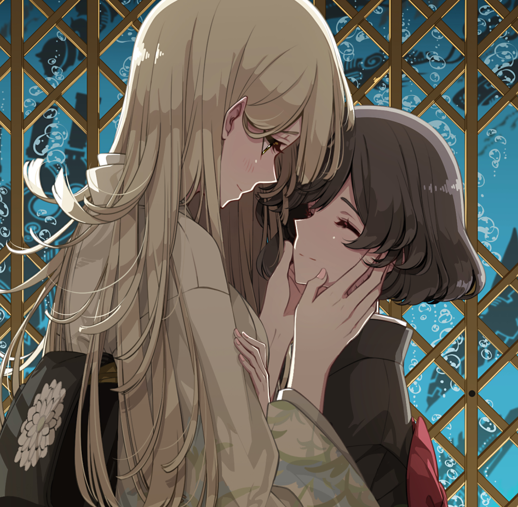 2girls blonde_hair brown_hair closed_eyes elevator floral_print hand_on_another's_arm hand_on_another's_face intertwined_hair japanese_clothes kimono long_hair looking_at_another multiple_girls original red_eyes sakuraba_yuuki short_hair smile upper_body yuri