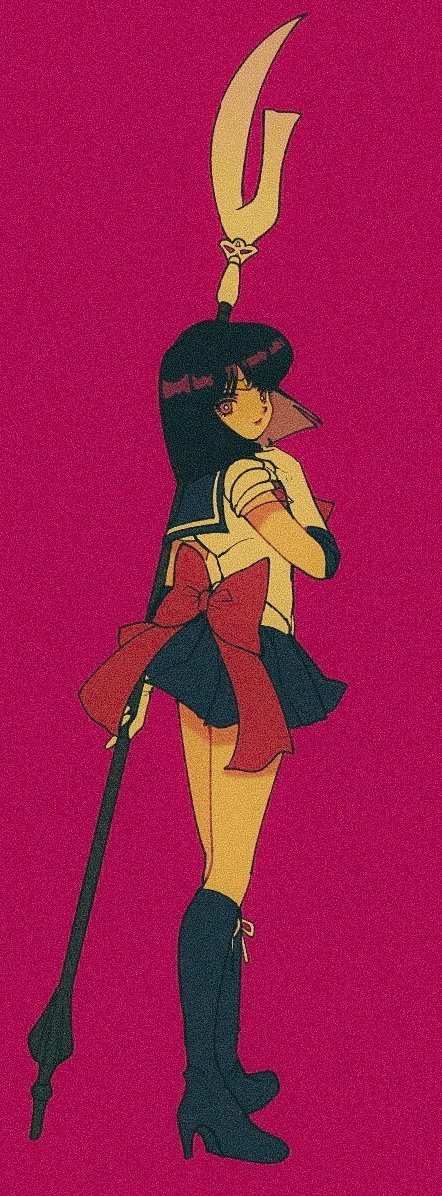 1girl back_bow bishoujo_senshi_sailor_moon black_hair boots bow commentary_request elbow_gloves film_grain from_behind full_body gloves holding holding_weapon looking_at_viewer looking_back medium_hair outer_senshi pikurusu red_bow sailor_saturn sailor_senshi sailor_senshi_uniform silence_glaive skirt solo tiara tomoe_hotaru violet_eyes weapon