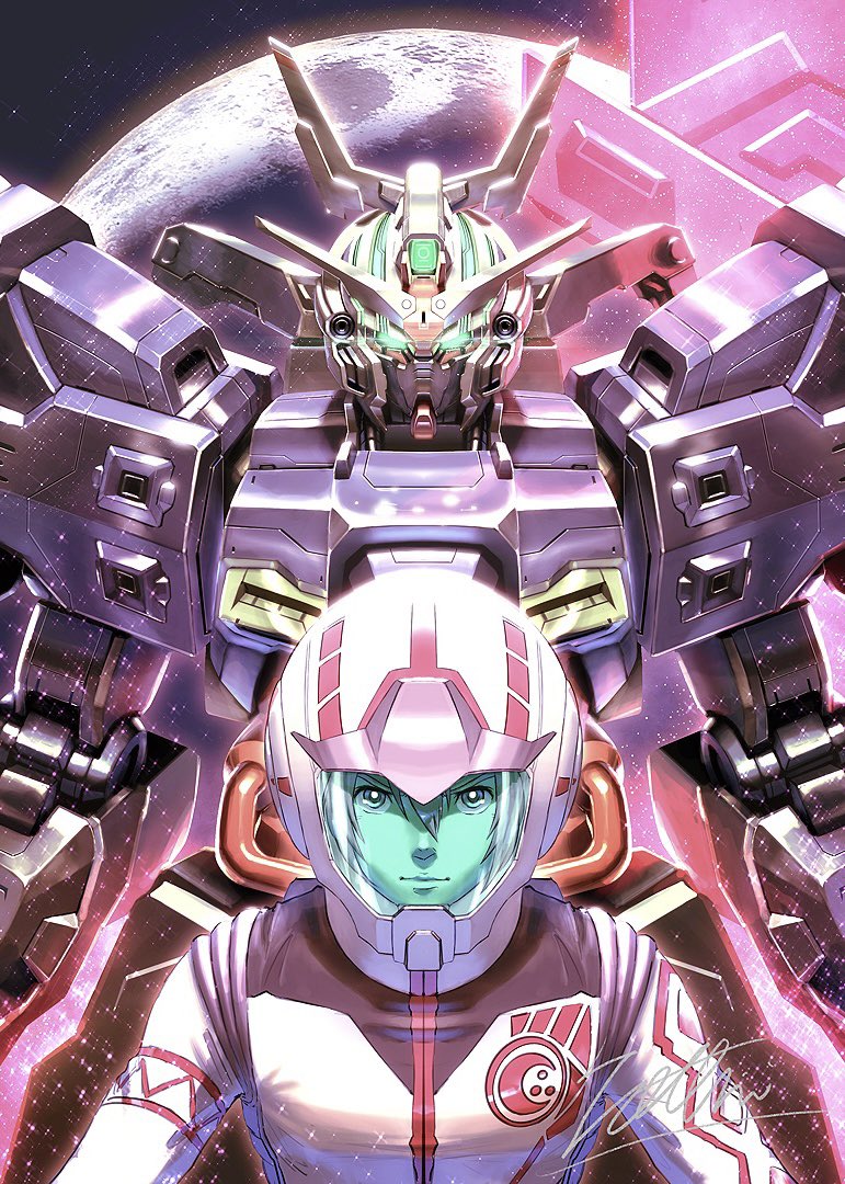 1boy bangs glowing glowing_eyes gundam hair_between_eyes helmet jutta_qasim mecha mobile_suit moon moon_gundam moon_gundam_(mobile_suit) pilot_suit psycho_plates science_fiction totthii0081 v-fin