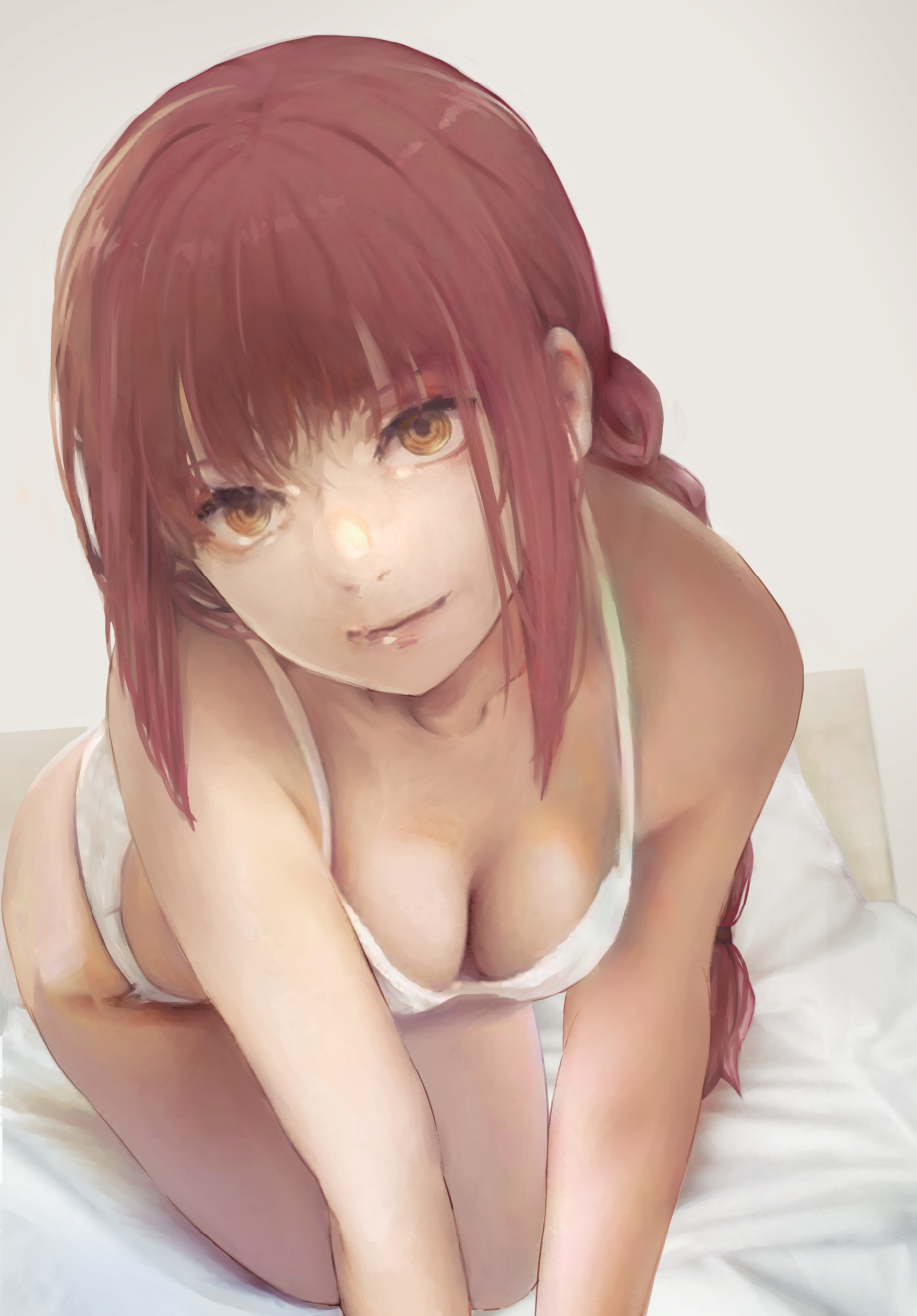1girl all_fours bangs bare_shoulders bed_sheet bra braid braided_ponytail breasts chainsaw_man closed_mouth collarbone commentary highres long_hair looking_at_viewer makima_(chainsaw_man) medium_breasts nostrils on_bed orange_eyes panties pillow realistic redhead ringed_eyes solo thighs toraya_(doujintraya) underwear underwear_only white_bra white_panties
