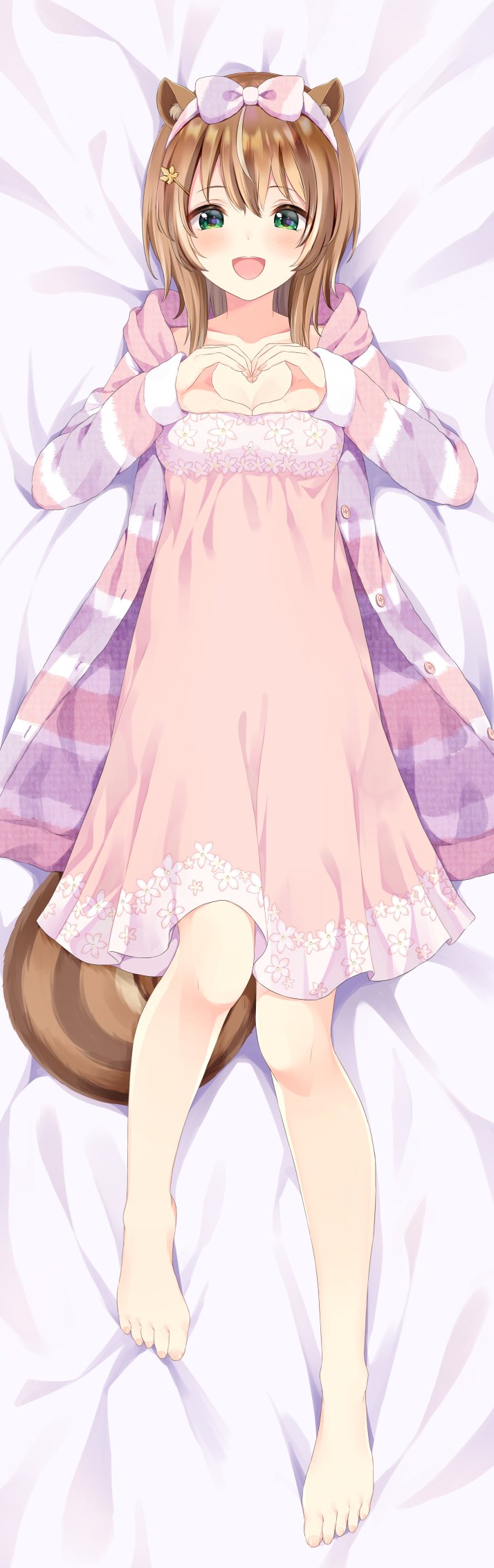 1girl animal_ears ayunda_risu bed_sheet bow brown_hair dakimakura_(medium) dress feet flower green_eyes hair_between_eyes hair_bow hair_ornament heart heart_hands highres hololive hololive_indonesia long_sleeves looking_at_viewer lying on_back open_mouth short_hair smile solo squirrel_ears squirrel_tail tail virtual_youtuber yatomi