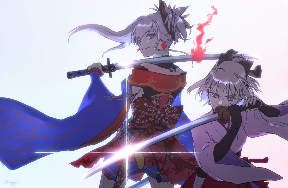 2girls back bangs earrings eyebrows_behind_hair eyebrows_visible_through_hair fate/grand_order fate_(series) hair_ornament hair_ribbon hairband holding holding_sword holding_weapon japanese_clothes jewelry katana kibou kimono koha-ace looking_at_viewer looking_back miyamoto_musashi_(fate) multiple_girls okita_souji_(fate) okita_souji_(koha/ace) pink_eyes ribbon shige short_hair silver_hair simple_background smile sword weapon white_background