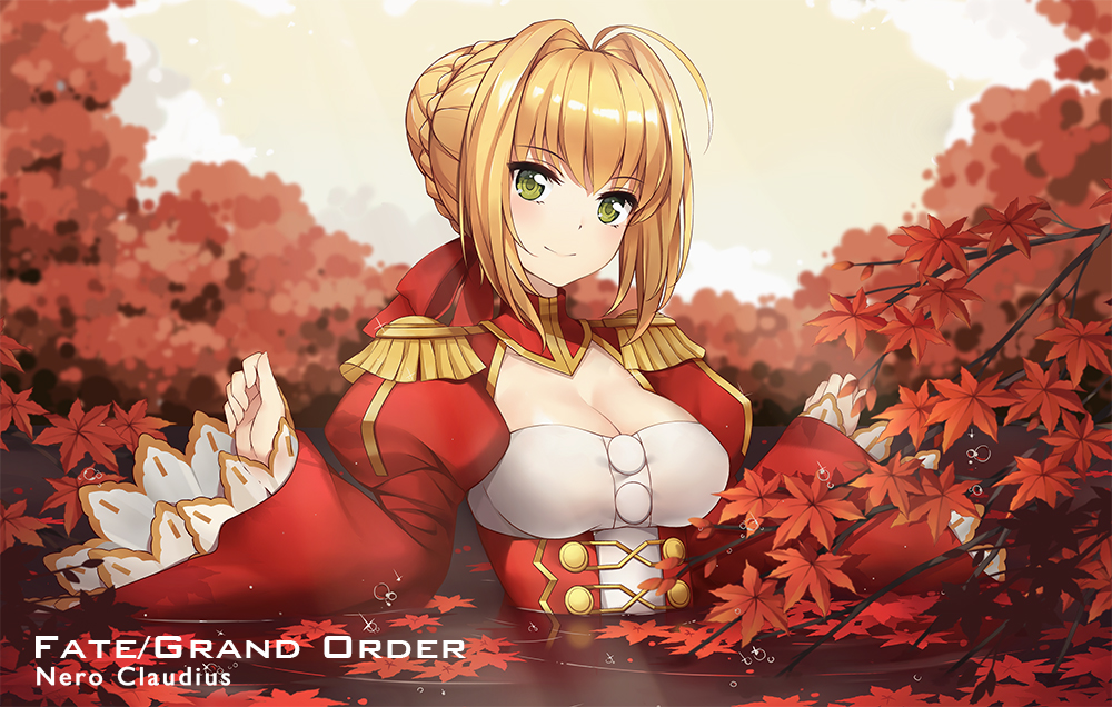 1girl ahoge blonde_hair braid breasts cleavage commentary_request da_fei_tun dress epaulettes fate/extra fate/grand_order fate_(series) french_braid green_eyes hair_intakes hair_ribbon juliet_sleeves large_breasts long_sleeves nero_claudius_(fate) nero_claudius_(fate)_(all) puffy_sleeves red_dress red_ribbon ribbon saber_extra see-through solo wide_sleeves