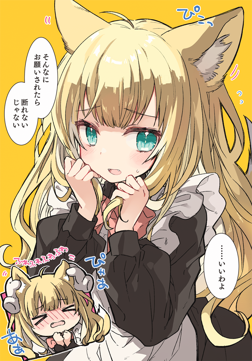1girl ahoge animal_ear_fluff animal_ears apron bangs black_dress blonde_hair blush bow chibi closed_eyes commentary_request disembodied_limb dress ear_fondling eyebrows_visible_through_hair fangs flying_sweatdrops fox_ears fox_girl fox_tail frilled_apron frills green_eyes holding holding_hair kamiyoshi_rika long_hair long_sleeves maid maid_apron nose_blush open_mouth orange_background original pink_bow puffy_long_sleeves puffy_sleeves sweat tail translation_request very_long_hair wavy_mouth white_apron