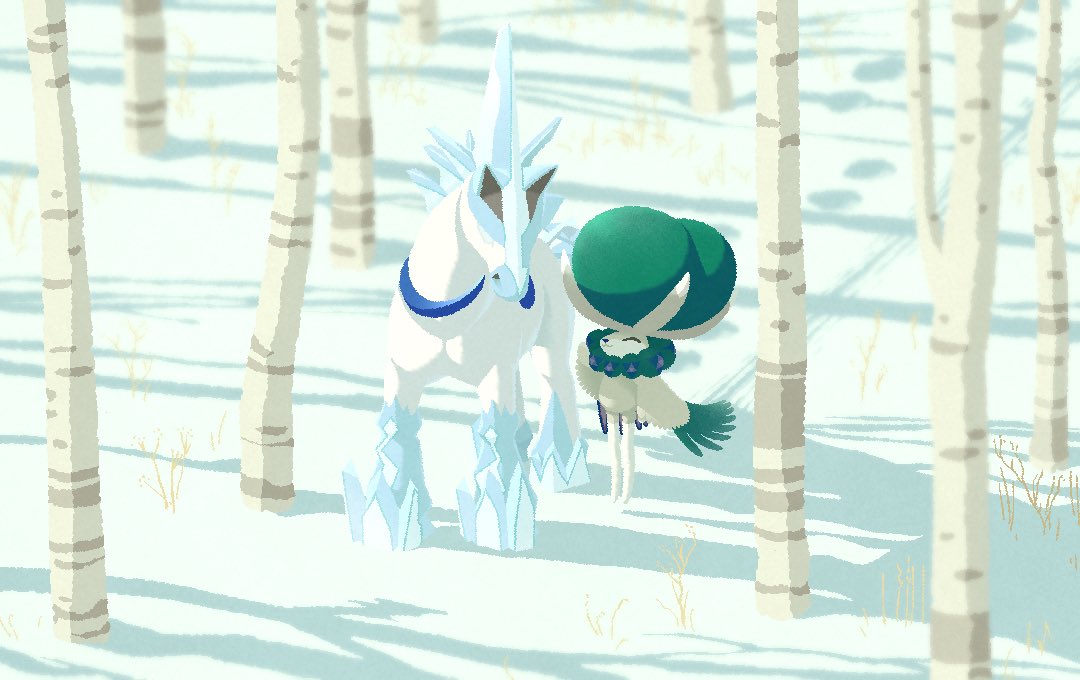 :3 bare_tree calyrex closed_eyes closed_mouth commentary_request glastrier komepan no_humans outdoors pokemon pokemon_(creature) smile snow standing tree