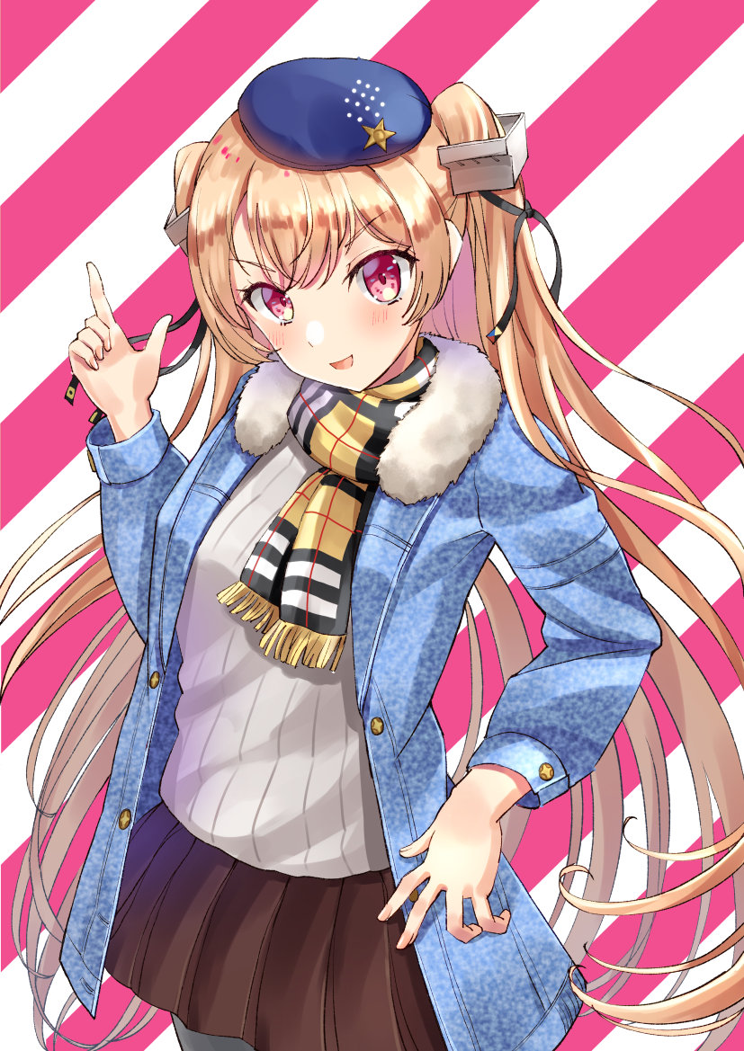 1girl beret blue_coat blue_headwear blush brown_eyes brown_skirt coat cowboy_shot diagonal_stripes eyebrows_visible_through_hair fringe_trim fur-trimmed_coat fur_trim grey_sweater hair_between_eyes hat johnston_(kancolle) kantai_collection light_brown_hair long_hair long_sleeves mayura2002 official_alternate_costume open_clothes open_coat open_mouth pantyhose plaid plaid_scarf pleated_skirt scarf skirt smile solo striped striped_background sweater two_side_up yellow_scarf