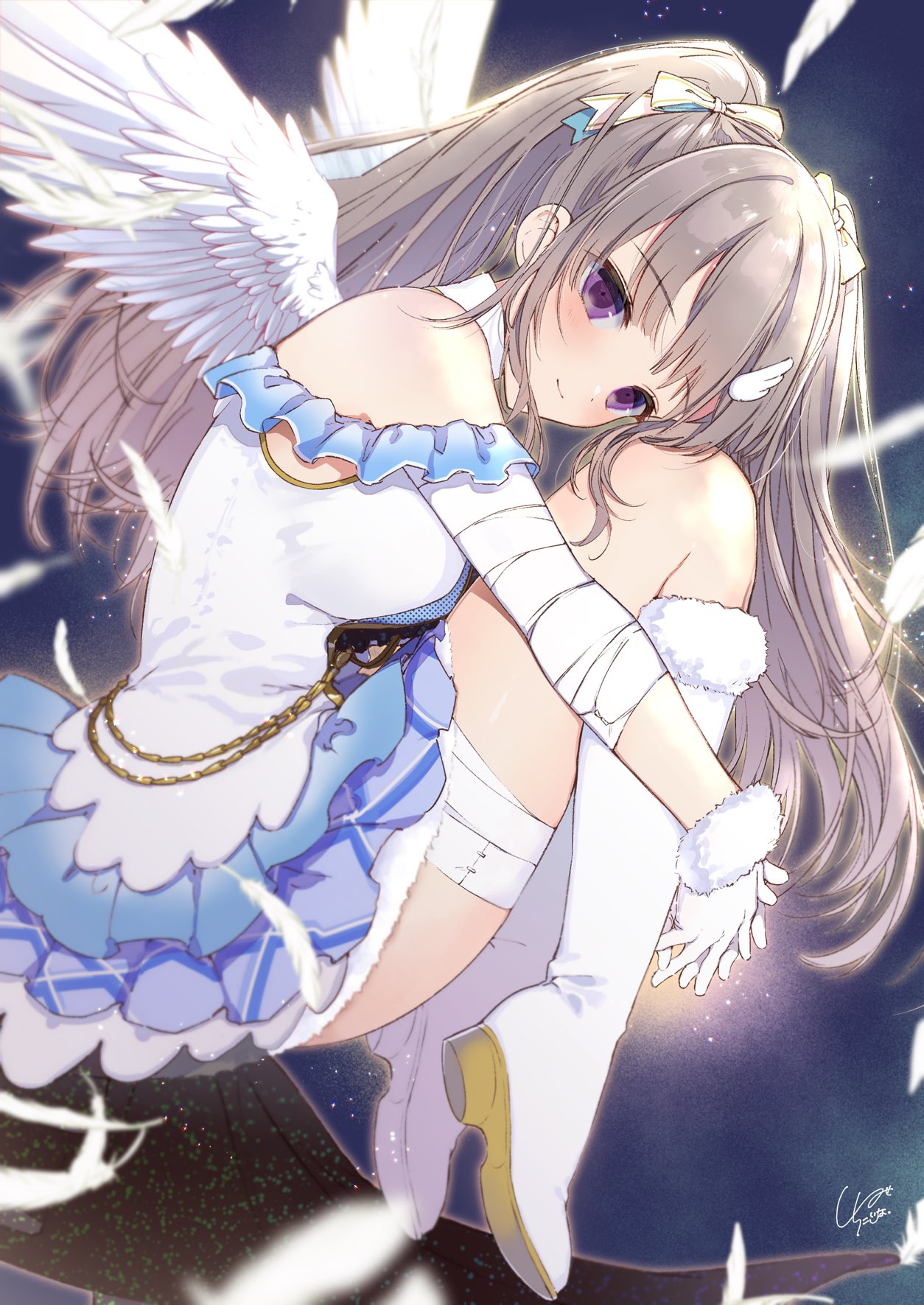 1girl 1ns217 angel_wings bandages bandaid bangs bare_shoulders blush boots closed_mouth dress eyebrows_visible_through_hair feathers highres idolmaster idolmaster_shiny_colors knee_boots long_hair looking_at_viewer sidelocks silver_hair smile solo twintails violet_eyes white_dress white_feathers wings yuukoku_kiriko