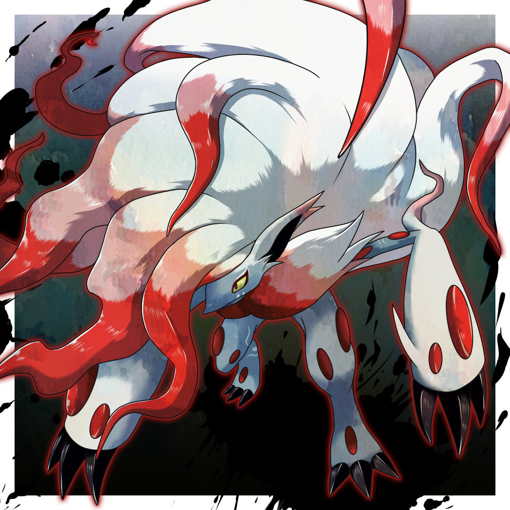 black_eyes border claws closed_mouth colored_sclera commentary_request grey_fur hisuian_zoroark pokemon pokemon_(creature) red_pupils shuga_(mhwii) solo standing white_border yellow_sclera