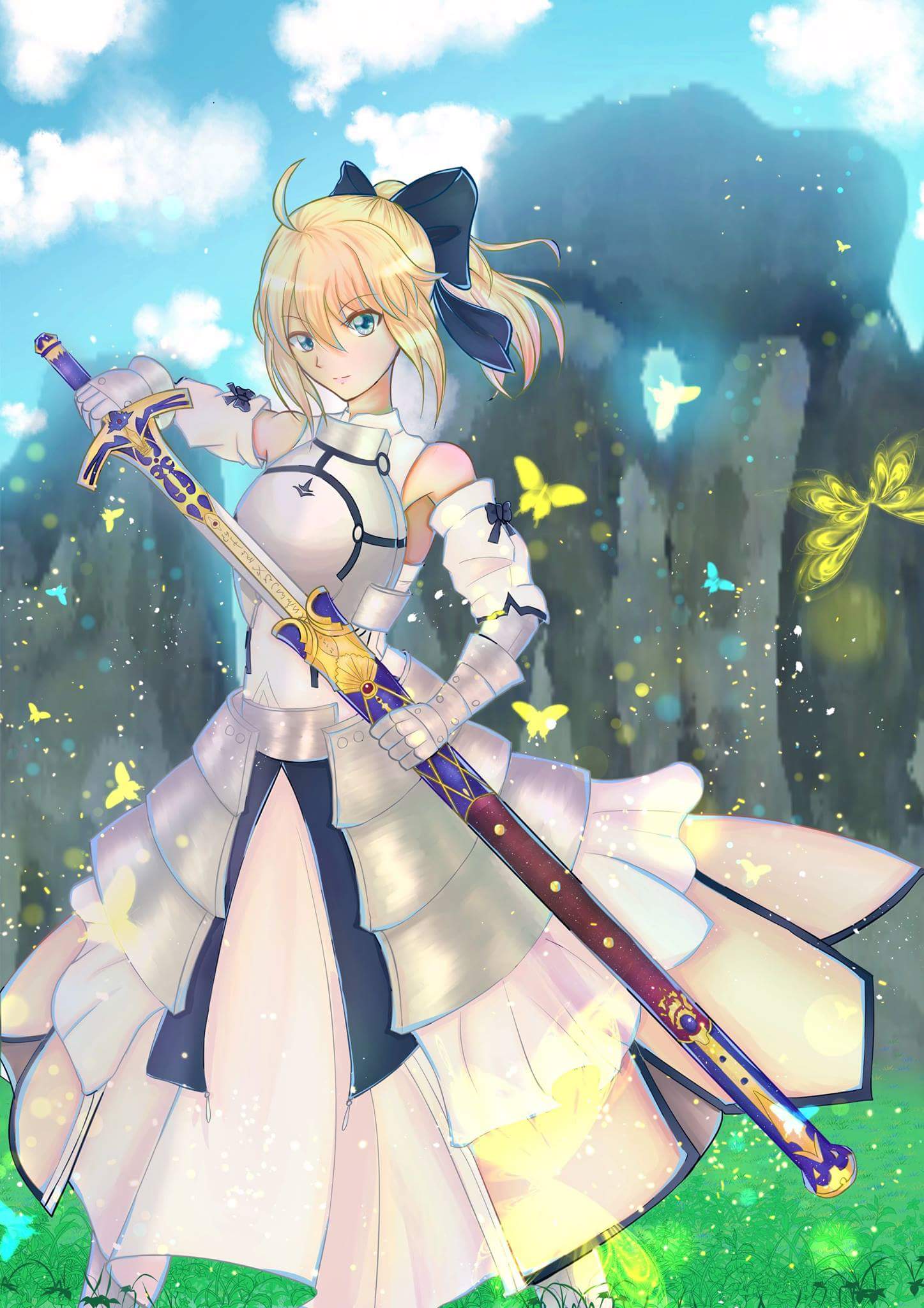 1girl armor armored_dress artoria_pendragon_(all) black_bow blonde_hair bow breastplate caliburn dress eyebrows_visible_through_hair fate/grand_order fate/unlimited_codes fate_(series) faulds floating_hair gauntlets green_eyes hair_between_eyes hair_bow highres long_hair looking_at_viewer outdoors petals philia_030 ponytail saber_lily signature sleeveless sleeveless_dress solo standing sword weapon white_dress
