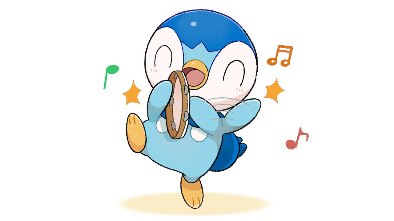 blush closed_eyes commentary_request happy instrument leg_up motion_lines music musical_note no_humans official_art open_mouth piplup playing_instrument pokemon pokemon_(creature) project_pochama solo standing standing_on_one_leg tambourine toes tongue white_background