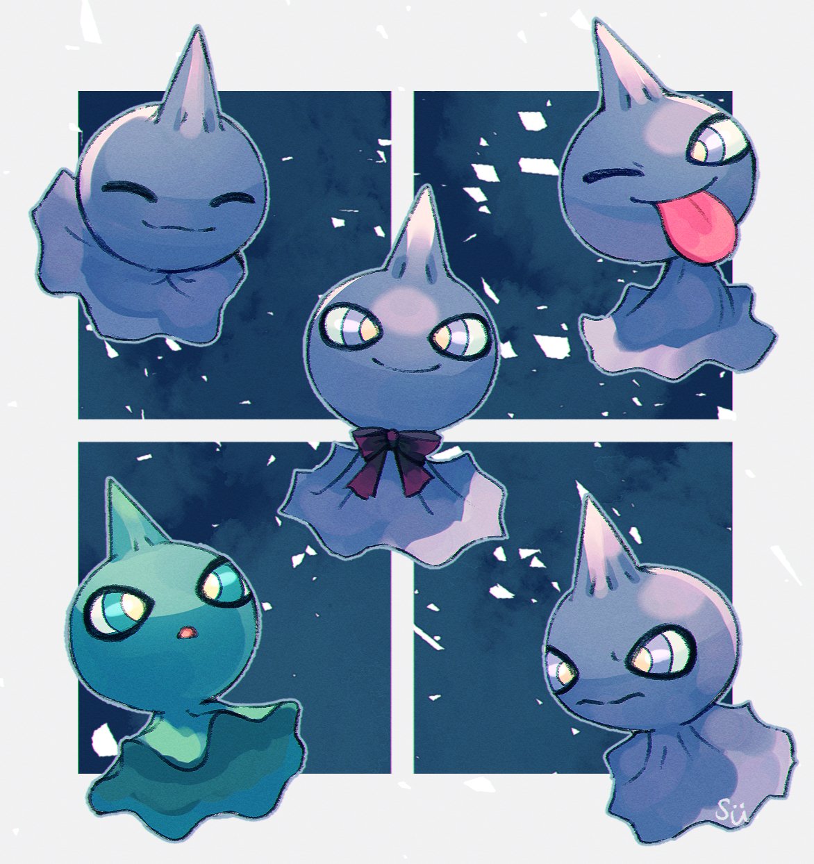 alternate_color bow bowtie closed_eyes closed_mouth commentary_request green_eyes highres no_humans one_eye_closed pokemon pokemon_(creature) purple_bow purple_bowtie shiny_pokemon shuppet smile su_(sajo_su5) tongue tongue_out violet_eyes yellow_pupils