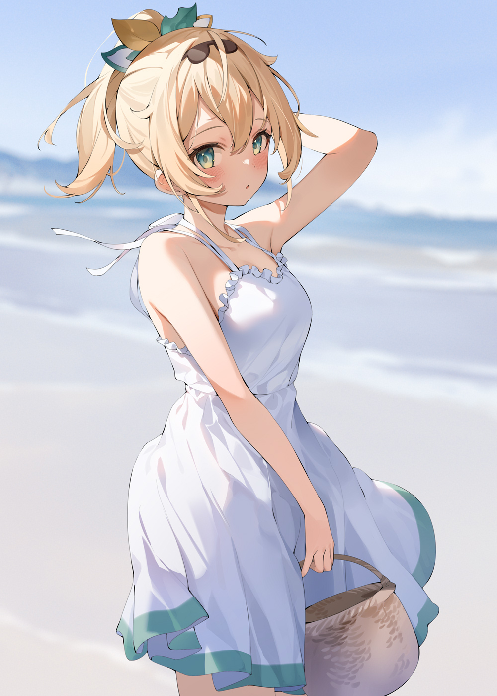 1girl arm_up bangs bare_arms basket blonde_hair blue_eyes blush commentary_request cowboy_shot dress hair_between_eyes hair_ribbon hana_mori highres holding holding_basket hololive kazama_iroha looking_at_viewer outdoors ponytail ribbon short_hair sleeveless sleeveless_dress solo standing sundress virtual_youtuber white_dress