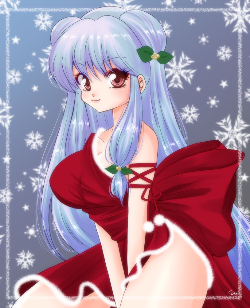 1girl adapted_costume arm_strap artist_name asymmetrical_clothes back_bow bangs blue_background border bow breasts christmas closed_mouth commentary cowboy_shot double_bun dress fur-trimmed_dress fur_trim hair_ornament large_breasts long_hair looking_at_viewer ranma_1/2 red_bow red_dress shampoo_(ranma_1/2) short_dress side_slit sidelocks signature single-shoulder_dress smile snowflakes solo standing uehara_doh v_arms very_long_hair violet_eyes white_border