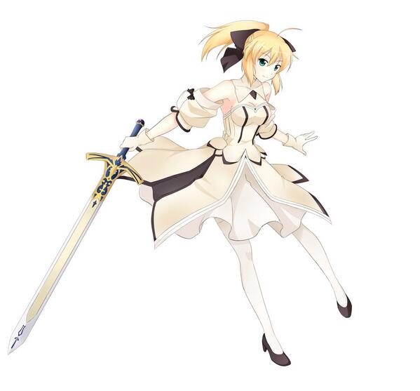 1girl artoria_pendragon_(all) black_bow blonde_hair bow breastplate caliburn dress eyebrows_visible_through_hair fate/grand_order fate/unlimited_codes fate_(series) faulds floating_hair gauntlets green_eyes hair_between_eyes hair_bow highres long_hair looking_at_viewer outdoors petals ponytail saber_lily signature sleeveless sleeveless_dress solo standing sword tong_penq weapon white_dress