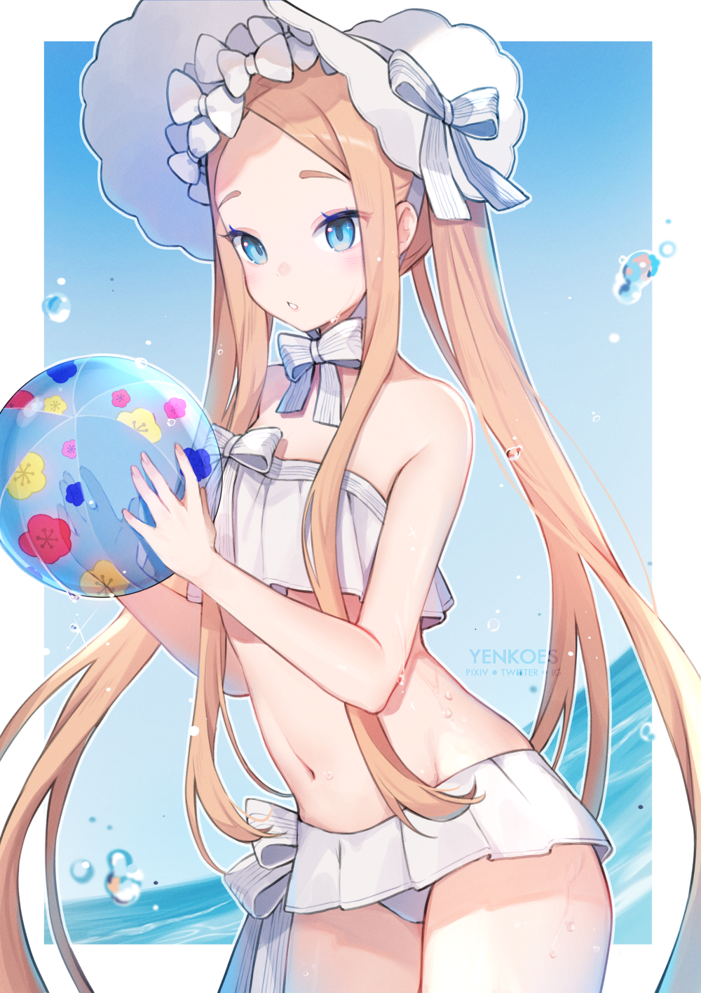 1girl abigail_williams_(fate) abigail_williams_(swimsuit_foreigner)_(fate) ball bangs beachball bikini blonde_hair blue_eyes bonnet bow fate/grand_order fate_(series) highres holding holding_ball holding_beachball long_hair looking_at_viewer navel parted_bangs parted_lips solo stomach swimsuit twintails very_long_hair white_bikini white_bow yennineii