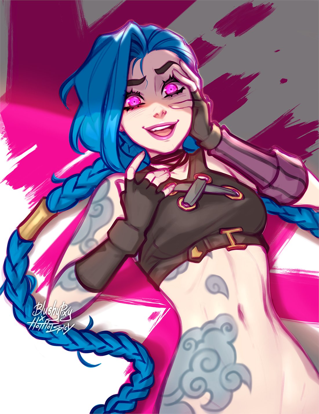 1girl :d arcane:_league_of_legends arcane_jinx asymmetrical_bangs bangs bare_shoulders blushy-pixy braid breasts brown_choker brown_gloves brown_shirt character_name choker cloud_tattoo collarbone cowboy_shot fingerless_gloves gloves highres jinx_(league_of_legends) league_of_legends long_hair looking_at_viewer lying medium_breasts navel on_back pink_background pink_eyes shirt signature smile solo teeth twin_braids upper_teeth