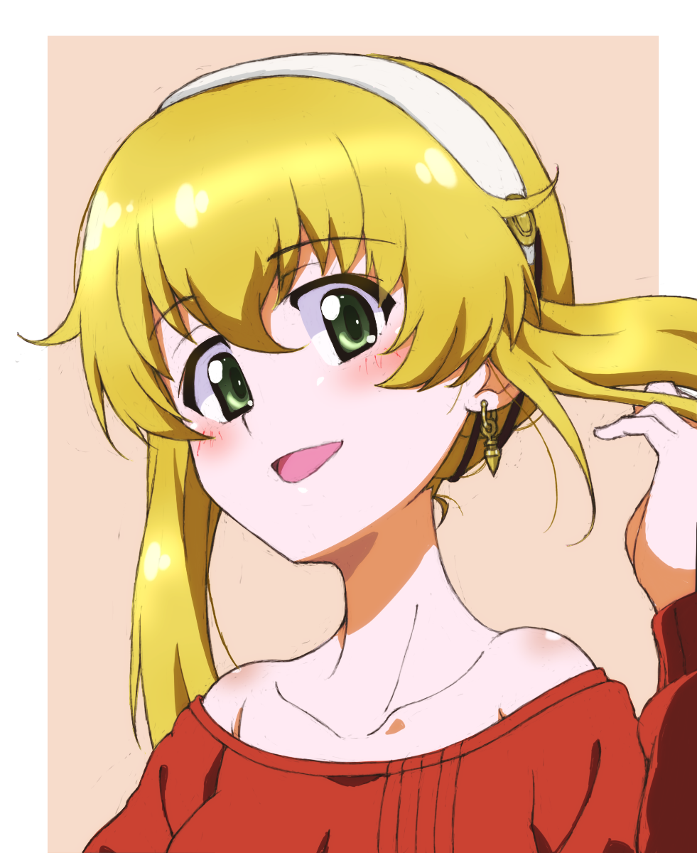 1girl alternate_hairstyle bangs bare_shoulders blonde_hair blush brown_background carpaccio_(girls_und_panzer) commentary earrings eyebrows_visible_through_hair girls_und_panzer green_eyes hair_up hairband hand_in_hair highres jewelry kayabakoro long_hair long_sleeves looking_at_viewer low_twintails off-shoulder_shirt off_shoulder open_mouth outside_border portrait red_shirt shirt smile solo textless twintails white_hairband