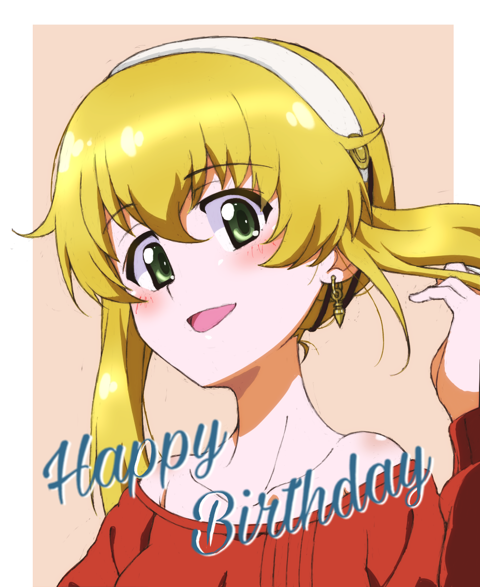 1girl alternate_hairstyle bangs bare_shoulders blonde_hair blush brown_background carpaccio_(girls_und_panzer) commentary cursive earrings english_text eyebrows_visible_through_hair girls_und_panzer green_eyes hair_up hairband hand_in_hair happy_birthday highres jewelry kayabakoro long_hair long_sleeves looking_at_viewer low_twintails off-shoulder_shirt off_shoulder open_mouth outside_border portrait red_shirt shirt smile solo twintails white_hairband