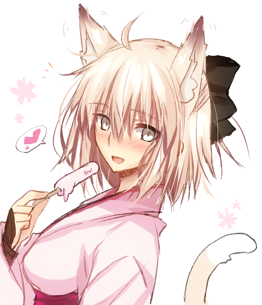 1girl ahoge akatsuki_(ggsy7885) bangs black_bow black_eyes black_legwear black_scarf blonde_hair bow breasts cat_ears cat_tail fate/grand_order fate_(series) hair_between_eyes hair_bow highres japanese_clothes kimono koha-ace large_breasts long_sleeves looking_at_viewer nekomimi obi okita_souji_(fate) okita_souji_(fate)_(all) okita_souji_(koha/ace) pink_hair sakura_saber sash scarf short_kimono solo thigh-highs wide_sleeves