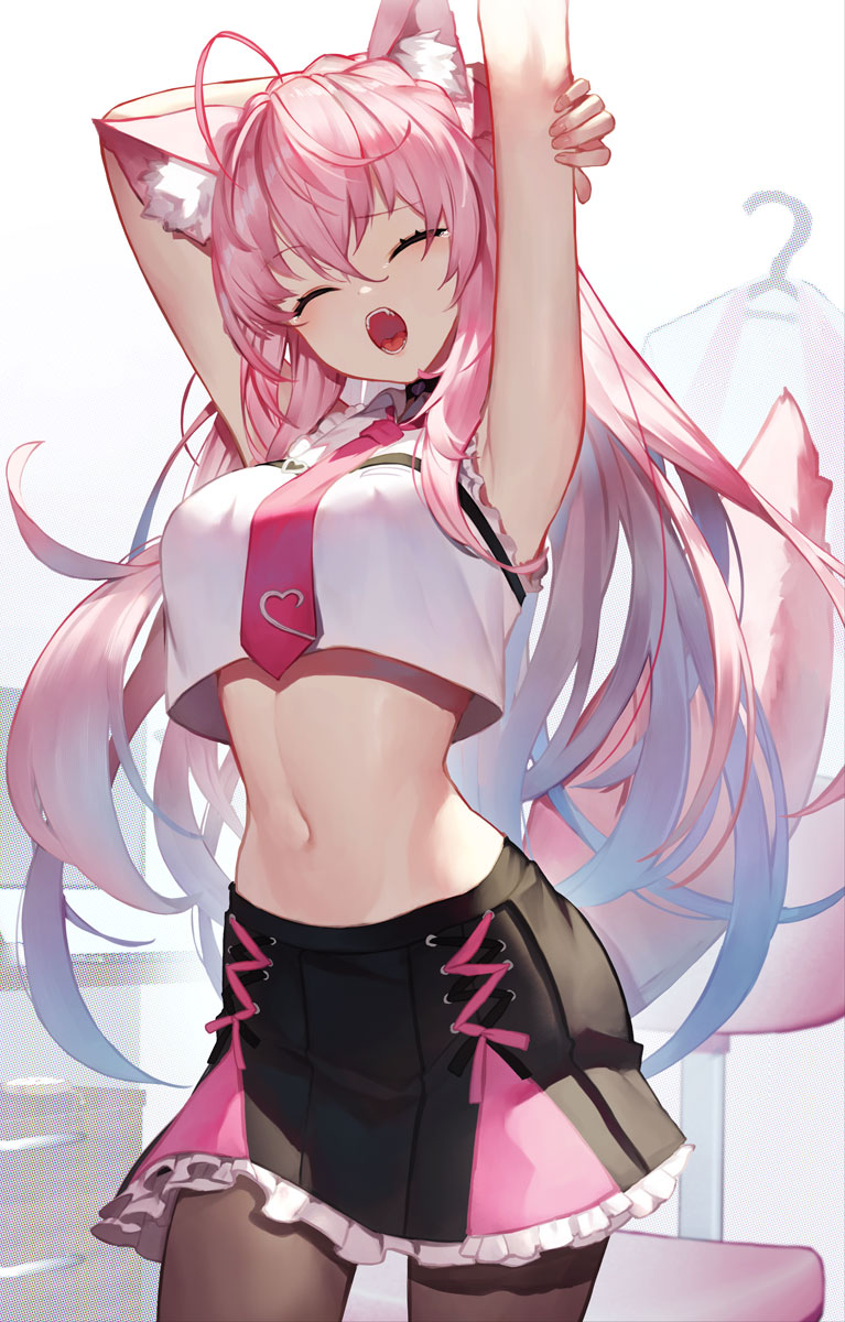 1girl ahoge arm_behind_head arm_up armpits arms_up black_legwear closed_eyes coyote_ears coyote_girl coyote_tail crop_top crop_top_overhang eyebrows_visible_through_hair hakui_koyori highres hololive midriff navel necktie open_mouth pantyhose pink_hair pink_necktie pink_skirt revealing_clothes scottie_(phantom2) shirt skirt sleeveless sleeveless_shirt solo teeth two-tone_skirt virtual_youtuber white_background yawning