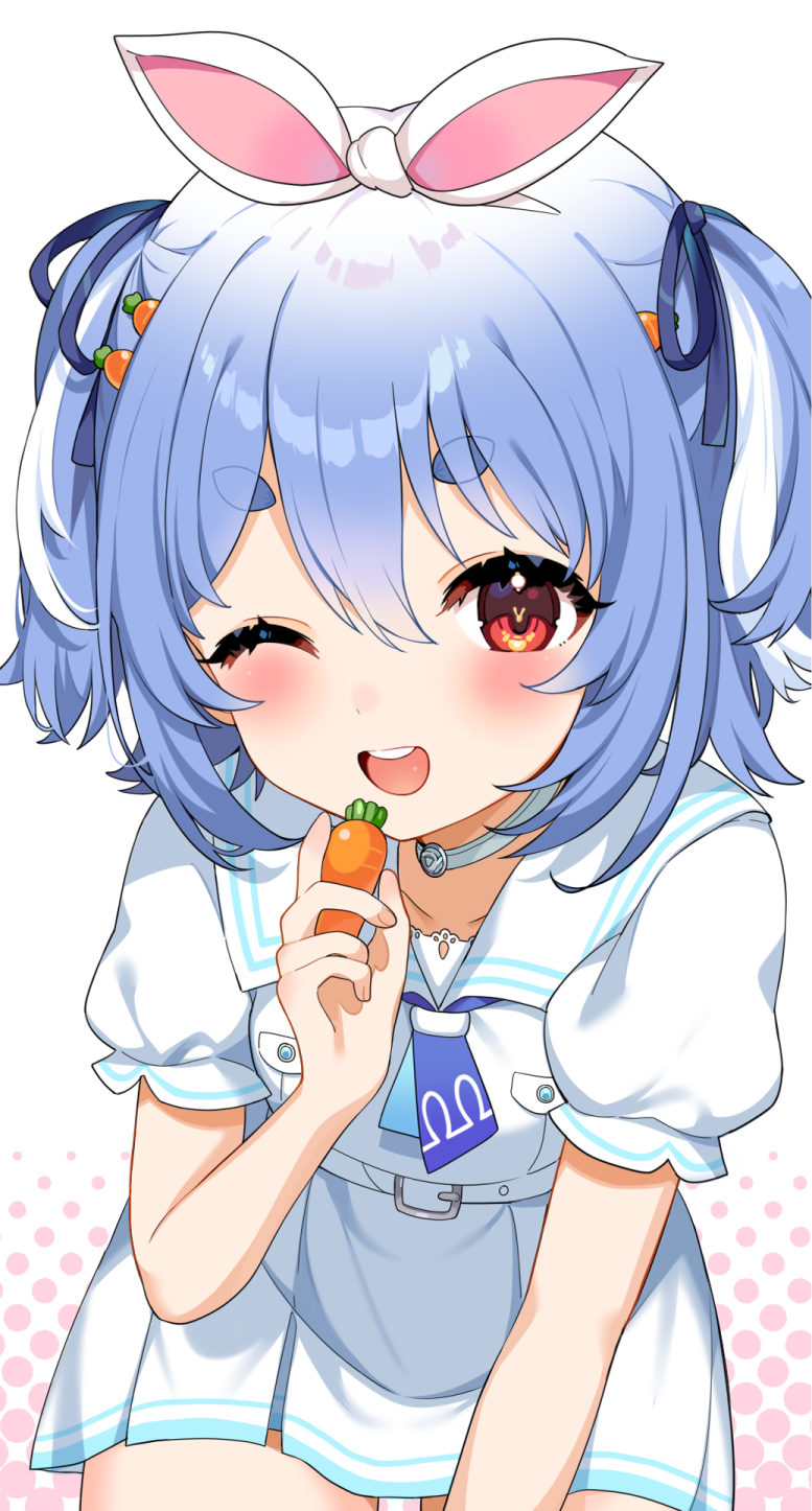 1girl ;d blue_hair blue_neckerchief blush carrot carrot_hair_ornament choker food-themed_hair_ornament hair_ornament hair_ribbon highres holding holding_carrot hololive inuyama_nanami medium_hair neckerchief one_eye_closed red_eyes ribbon sailor_collar shirt short_sleeves skirt smile solo two_side_up usada_pekora virtual_youtuber white_choker white_sailor_collar white_shirt white_skirt