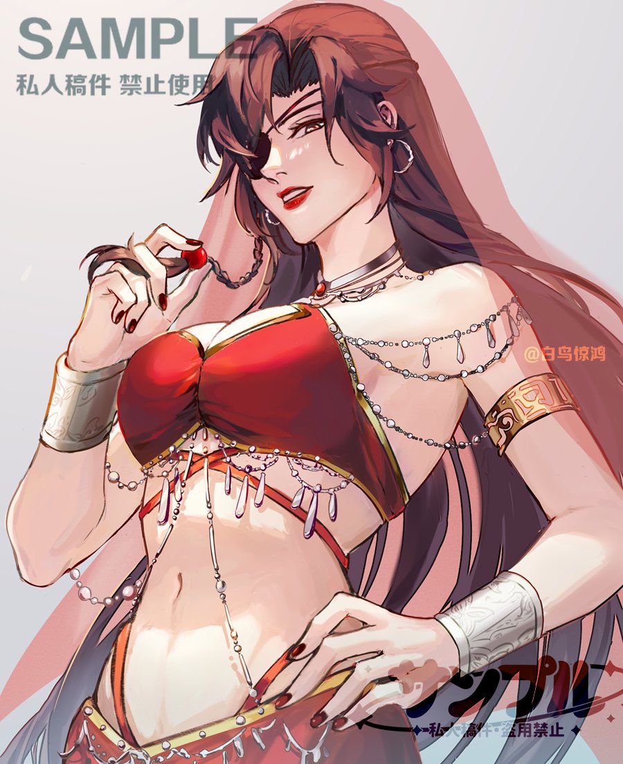 1girl arabian_clothes bare_shoulders black_hair black_nails bracelet braid chain commission earrings eyepatch genderswap genderswap_(mtf) hands_on_hips holding holding_hair hua_cheng jewelry long_hair looking_at_viewer necklace ninebirds9999 red_lips single_braid solo tian_guan_ci_fu transparent upper_body veil very_long_hair